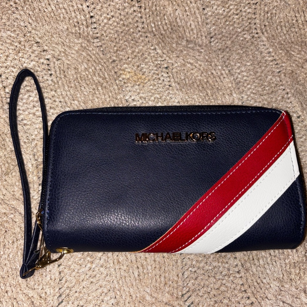 Michael Kors Navy Clutch with Red and White Diagonal Stripe
